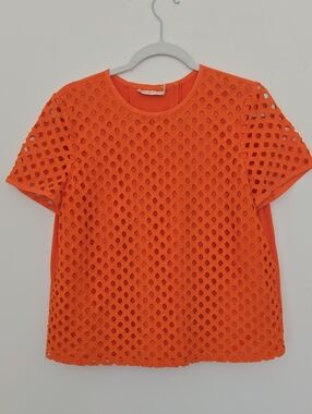 Tory Burch Orange Short-Sleeve Eyelet Lace Top Normcore Designer size 12